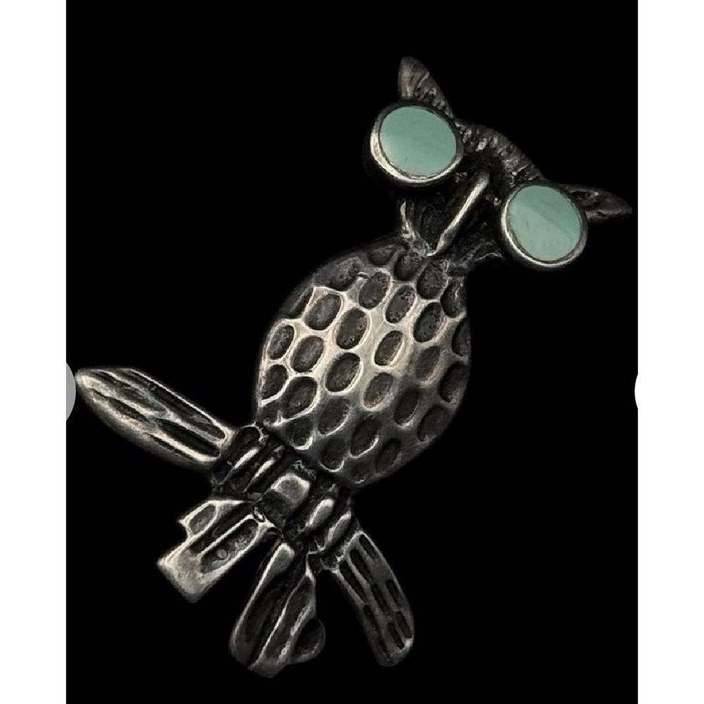 Artisan Handcrafted Owl Pin Brooch with Turquoise Eyes in Sterling Silver
